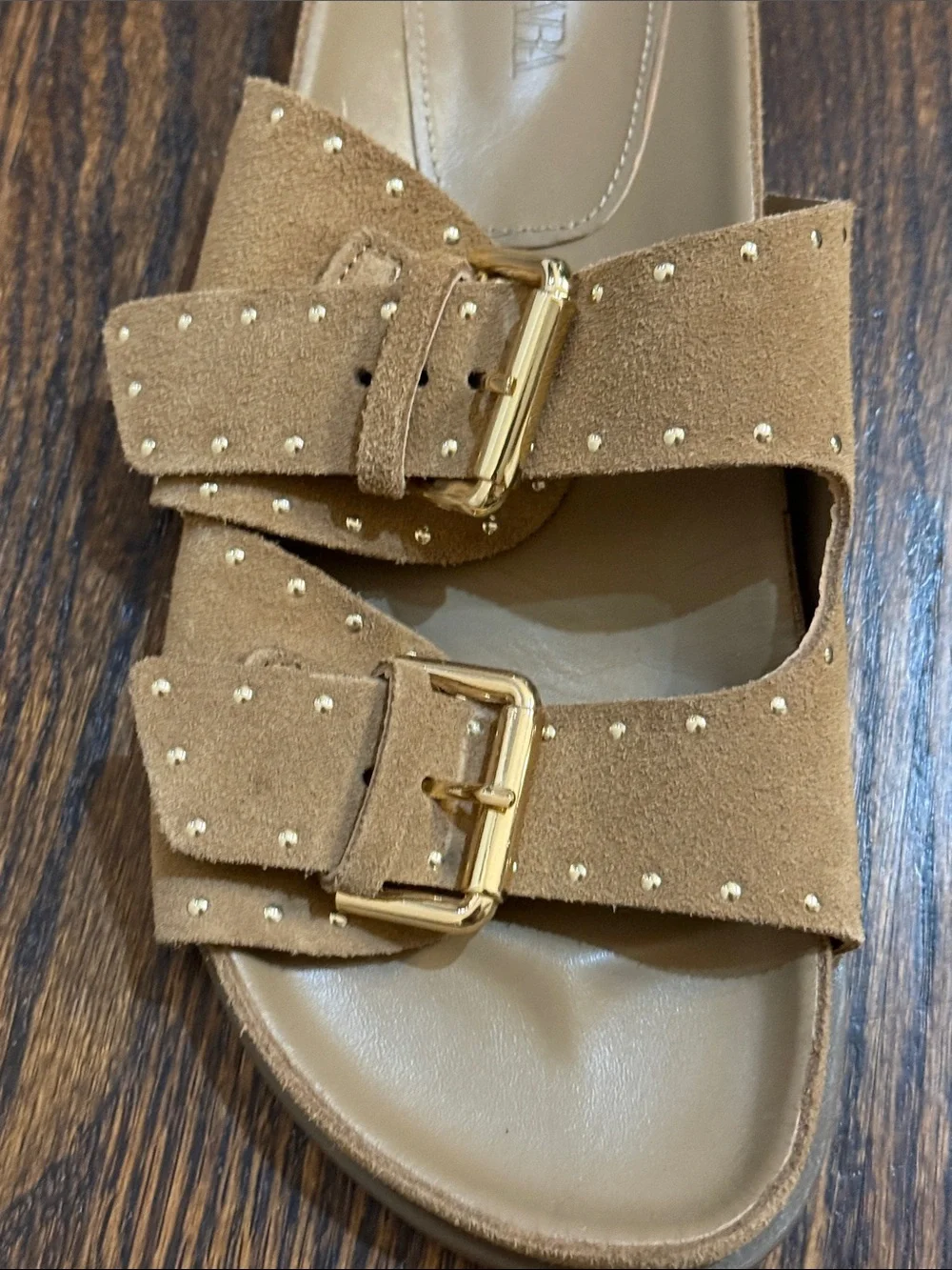Zara Tan Suede Double Buckle Slide Sandals with Gold Hardware - Picture 5 of 10